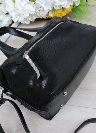 Женская стильная и качественная сумка из эко кожи черная рептилия6 фото