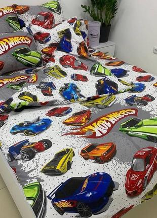 Хот вілс на білому,тачки,дитяча постільна білизна,hot wheels, постільна білизна,хіт продаж