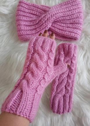 Повязка мохерная и митенки ручной работы вязаная чалма