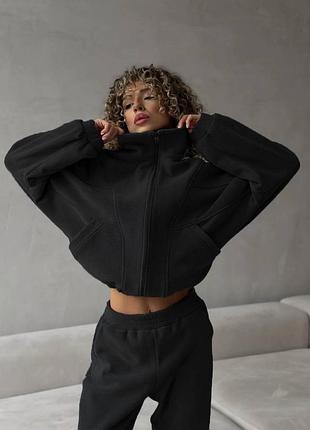 Флісовий плюшевий теплий костюм: кофта на блискавці оверсайз крою і штани джогери на високій посадці чорний бежевий стильний базовий