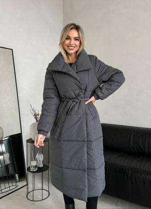 Женское зимнее стеганое пальто куртка с поясом и утеплителем