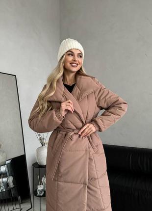 Женское зимнее пальто куртка удлиненное стеганое с поясом и утеплителем