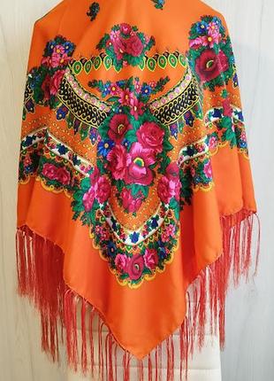 Роскошный украинский народный платок, платок с бахромой и цветами, красивый платок