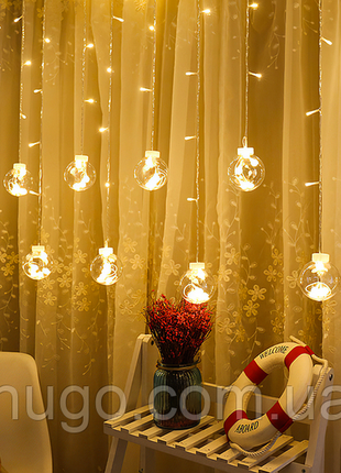 Гирлянда штора от сети, 3м, 200led, 12 шариков.