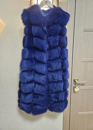 Шубка стильна без рукавів, безрукавка зимова, хутро лисиці 100%, майже нова, один вихід, колір індіго