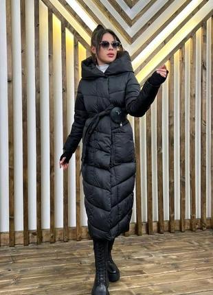 Пуховик с поясом длинное пальто зимнее
