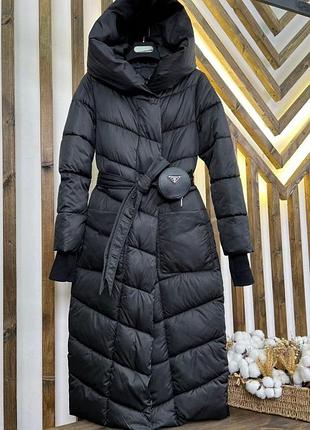 Пуховик с поясом длинное пальто зимнее