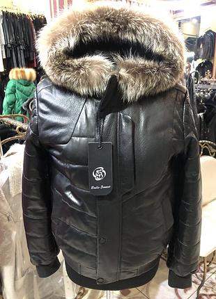 Чоловіча дублянка,шкіряний бомбер з капюшоном