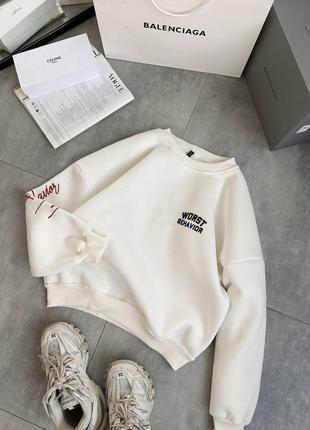 Свитшот женский молочный с принтом оверсайз качественный стильный трендовый повседневный