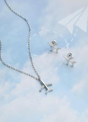Комплект срібний 
літак сережки та кольє з фіанітами