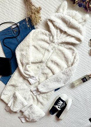 Теплая зимняя флисовая пижама кигуруми домашняя одежда молочного цвета с ушками