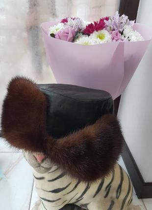 Шапка ушанка  gucci норка/ кожа