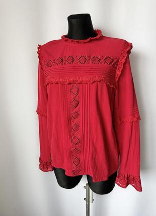 M&s красная блуза романтический стиль рюши кружево барышня воланы вискоза