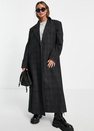Довге пальто topshop із поясом у вугільну клітку