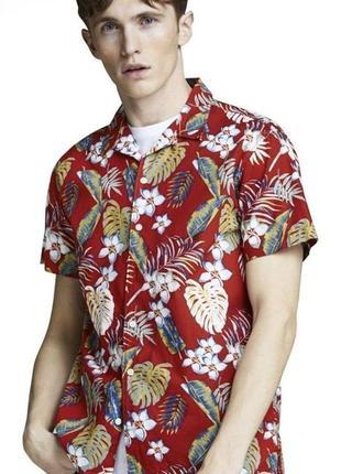 Jack & jones красная рубашка гавайка тенниска летняя пляжная короткий рукав принт листья пальмы растения острова бали пляж хлопок