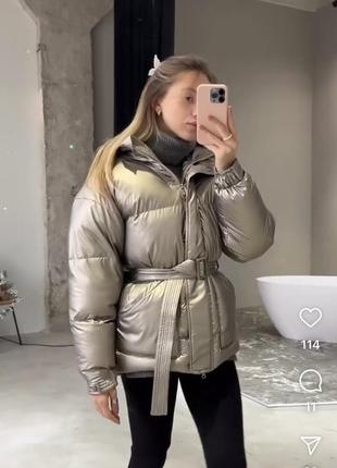 Оверсайз пуховик, пуховик куртка з поясом, подовжений пуховик зимовий кольору металік