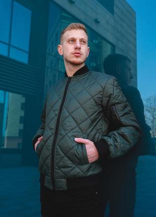Хаки мужская теплая ветровка в ромбик