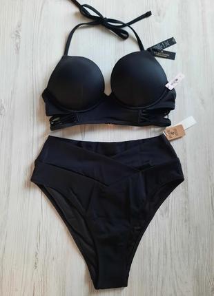 Черный купальник victoria's secret bombshell двойной пуш-ап высокие трусики плавки утяжка 34в м