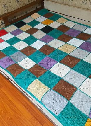 Вязаный шерстяной плед, покрывало в стиле "печворк" (ручная работа).