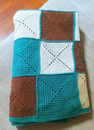 Вязаный шерстяной плед, покрывало в стиле "печворк" (ручная работа).