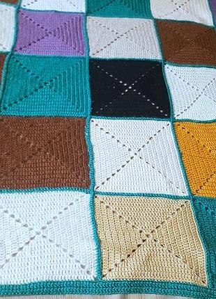 Вязаный шерстяной плед, покрывало в стиле "печворк" (ручная работа).