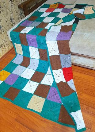 Вязаный шерстяной плед, покрывало в стиле "печворк" (ручная работа).