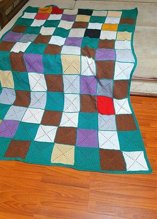 Вязаный шерстяной плед, покрывало в стиле "печворк" (ручная работа).