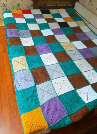 Вязаный шерстяной плед, покрывало в стиле "печворк" (ручная работа).