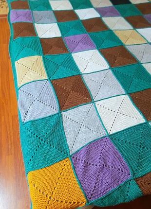 Вязаный шерстяной плед, покрывало в стиле "печворк" (ручная работа).