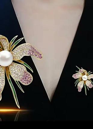 Брошь орхидея, цветок с кристаллами