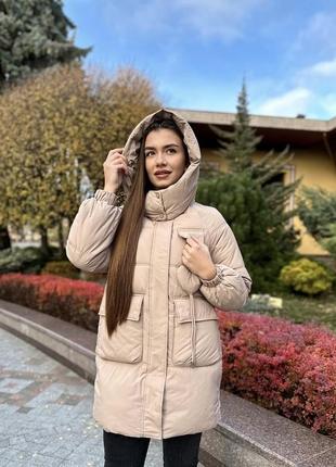 Тепла зимова куртка беж бежевая зимняя куртка