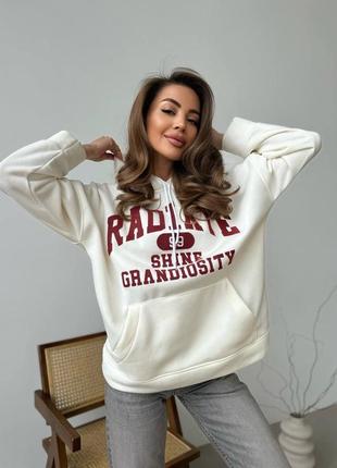 Худи женское оверсайз кофта с капюшоном толстовка с надписью стильная базовая длинная красная молочная серая графит