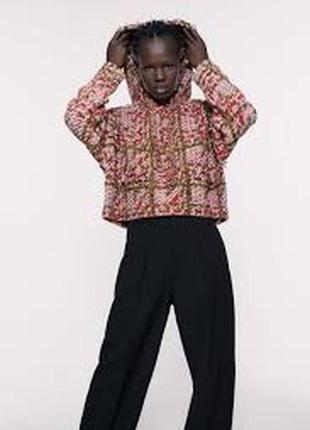Zara женская  твидовая кофта вязаный свитшот худи с капюшоном декор бусины