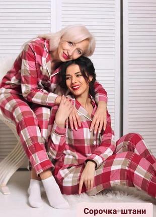 Жіноча фланелева піжама в клітинку червона футболка + штани + сорочка новорічна дитяча