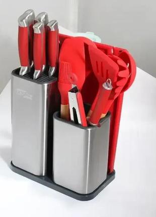 Набор ножей и кухонная утварь лопатки для кухни 17 в 1 дошечка для нарезки на тройной подставке, ножницы с1 фото