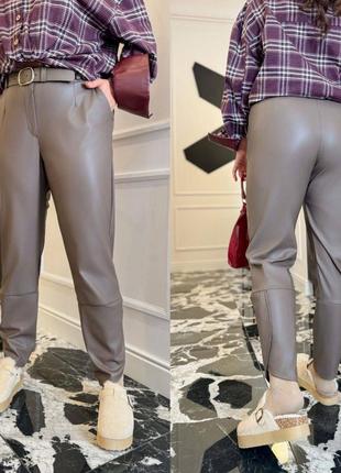 Люксовые кожаные женские брюки батал теплые брюки на замше