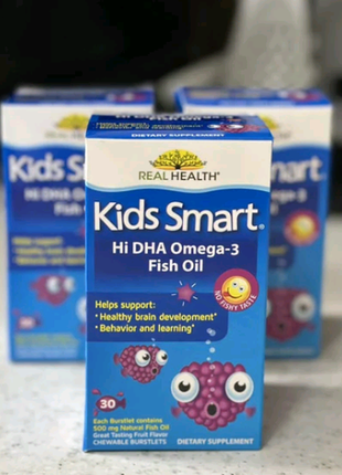 Kids smart, hi dha-omega 3 fish oil, риб’ячий жир із високим вмістом дгк та омега-3, зі смаком фруктів, 30 жувальних таблеток