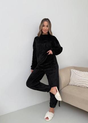 Тепленький домашний женский костюм зимний махровый комплект кофта и штаны пижама