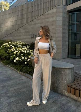 Женский велюровый костюм широкие брюки палаццо кофта на молнии женский прогулочный повседневный велюровый костюм