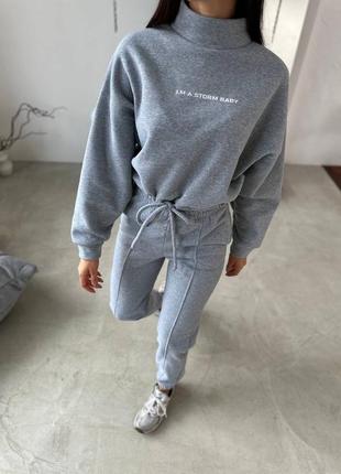 I’m a storm baby / теплый стильный женский костюм гольф свитшот и брюки с строчками на флисе зимний
