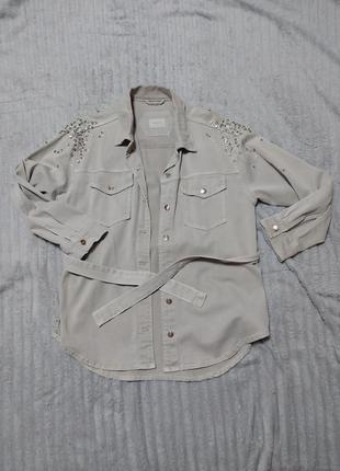 Курточка сорочеєка джинсова бежева жіноча ххл plus size oversize dashe з камінцями 44 розмір поясом