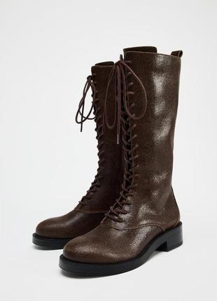 Шоколадные женские кожаные сапоги с шнурками zara new