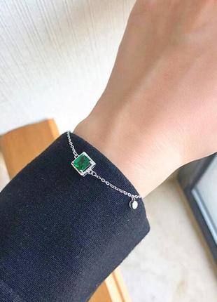 Браслет изумруд с квадратным фианитом, браслет с темно-зеленым камнем, серебряное покрытие 925 пробы, 16+5 см