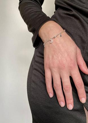 Браслет подвійний нічне сузір'я, браслет із зірками та місяцем, срібне покриття 925 проби, довжина 16+3.5см