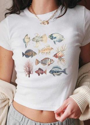 Белый кроп топ в принт рыбки ✨ shein ✨ футболка в стиле y2k с рыбным узором в принт ocean creature