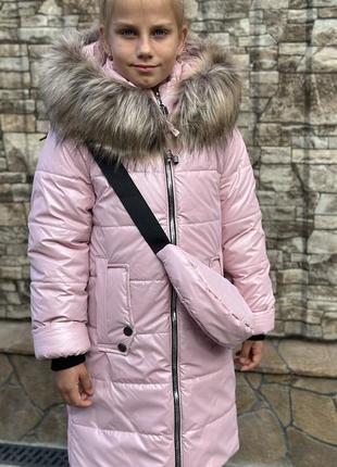 Пальто екокожа зимнее для девочек р 128 - 146