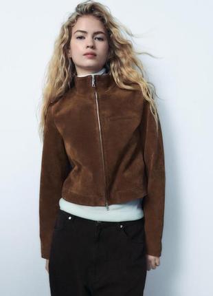 Кожаная замшевая коричневая куртка бомбер zara new