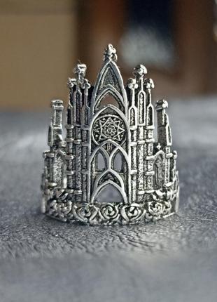 Готическая кольца в виде кёльского собора, замка, серебристая