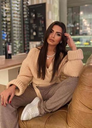 Светр кардиган на запах бежевий теплий в'язаний кофта s m zara 2142/237