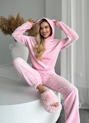 192 christel розовый махровый домашний костюм худи с ушками и штаны теплая пижама